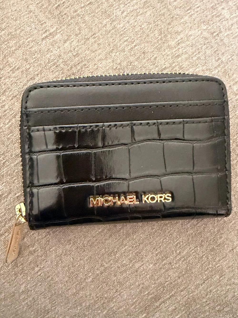 Michael Kors Black Croc-Embossed Zip Card Holder with Gold Logo